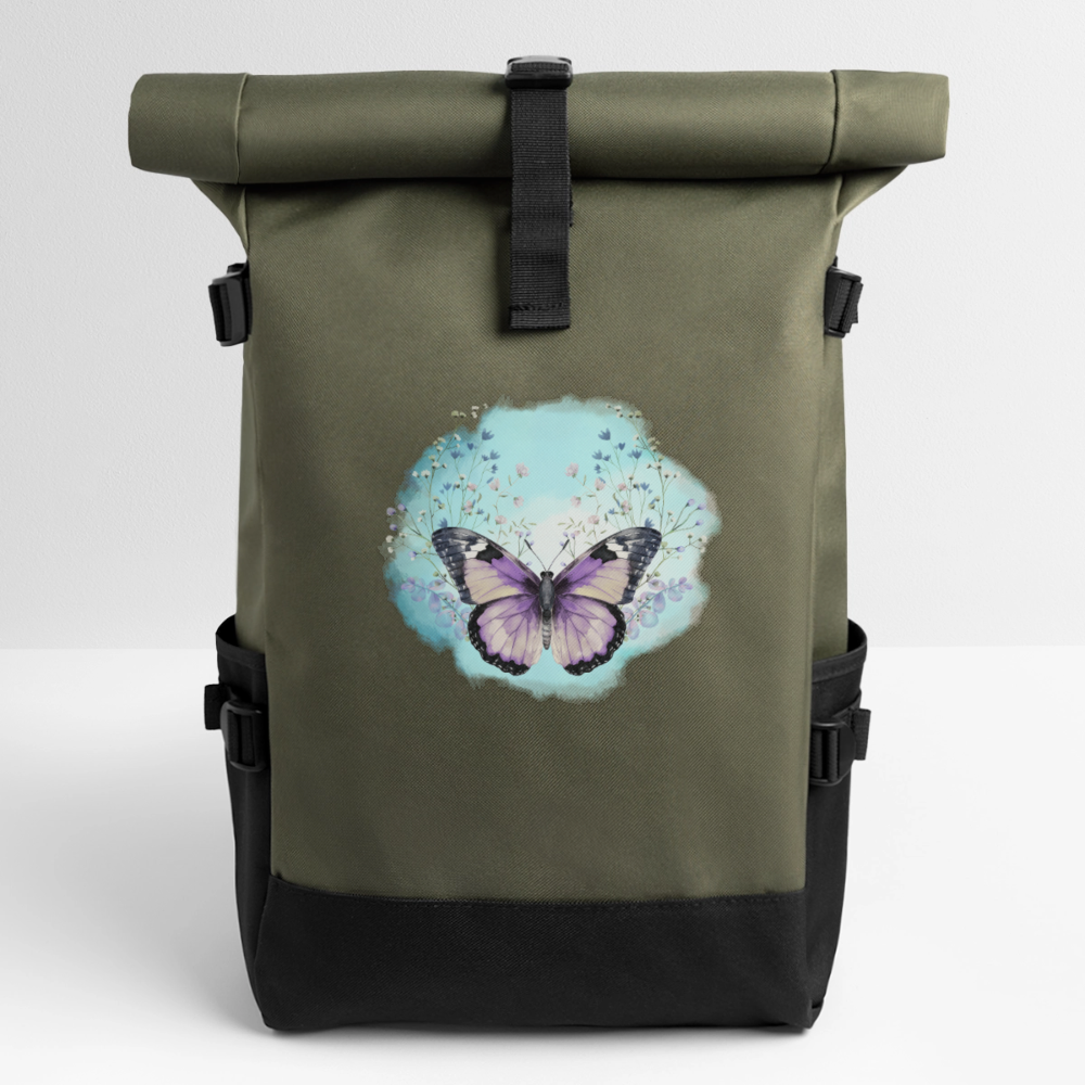 Rolltop Rucksack - Schmetterling - Olive/Schwarz