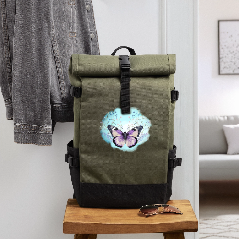 Rolltop Rucksack - Schmetterling - Olive/Schwarz