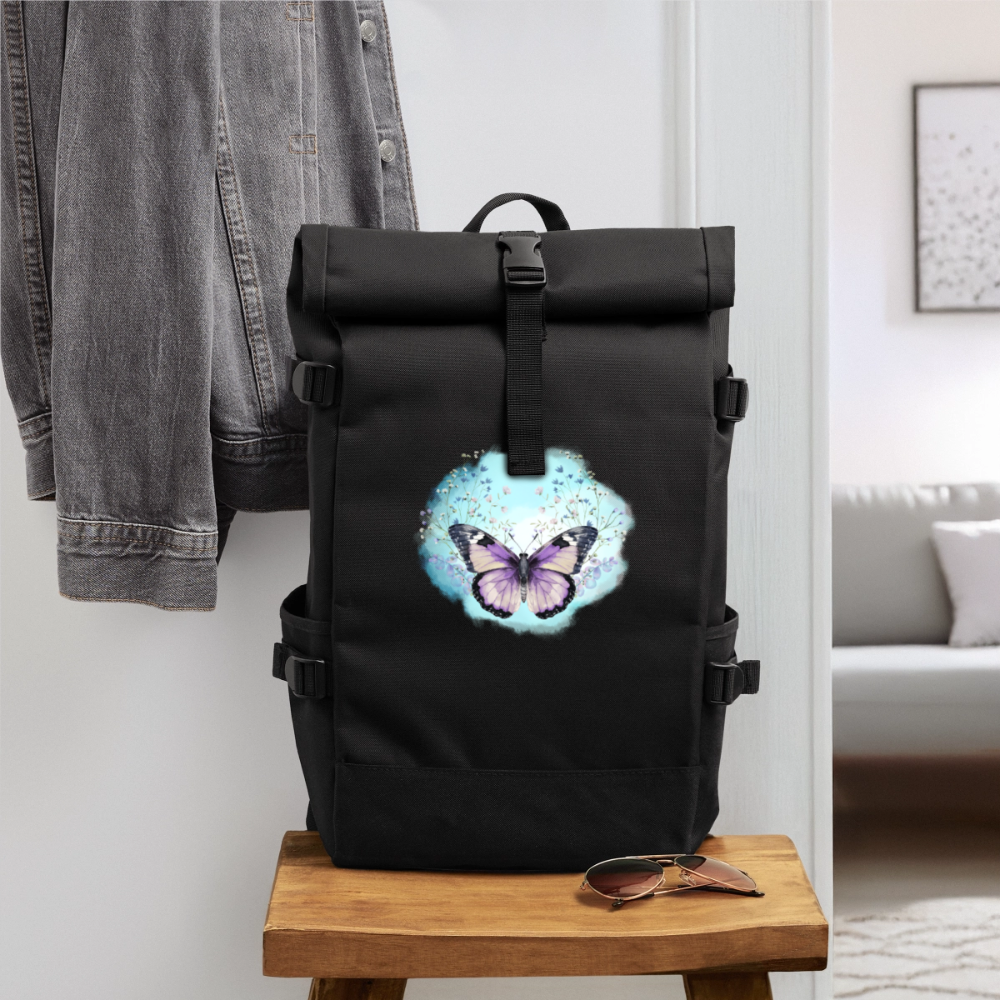 Rolltop Rucksack - Schmetterling - Schwarz